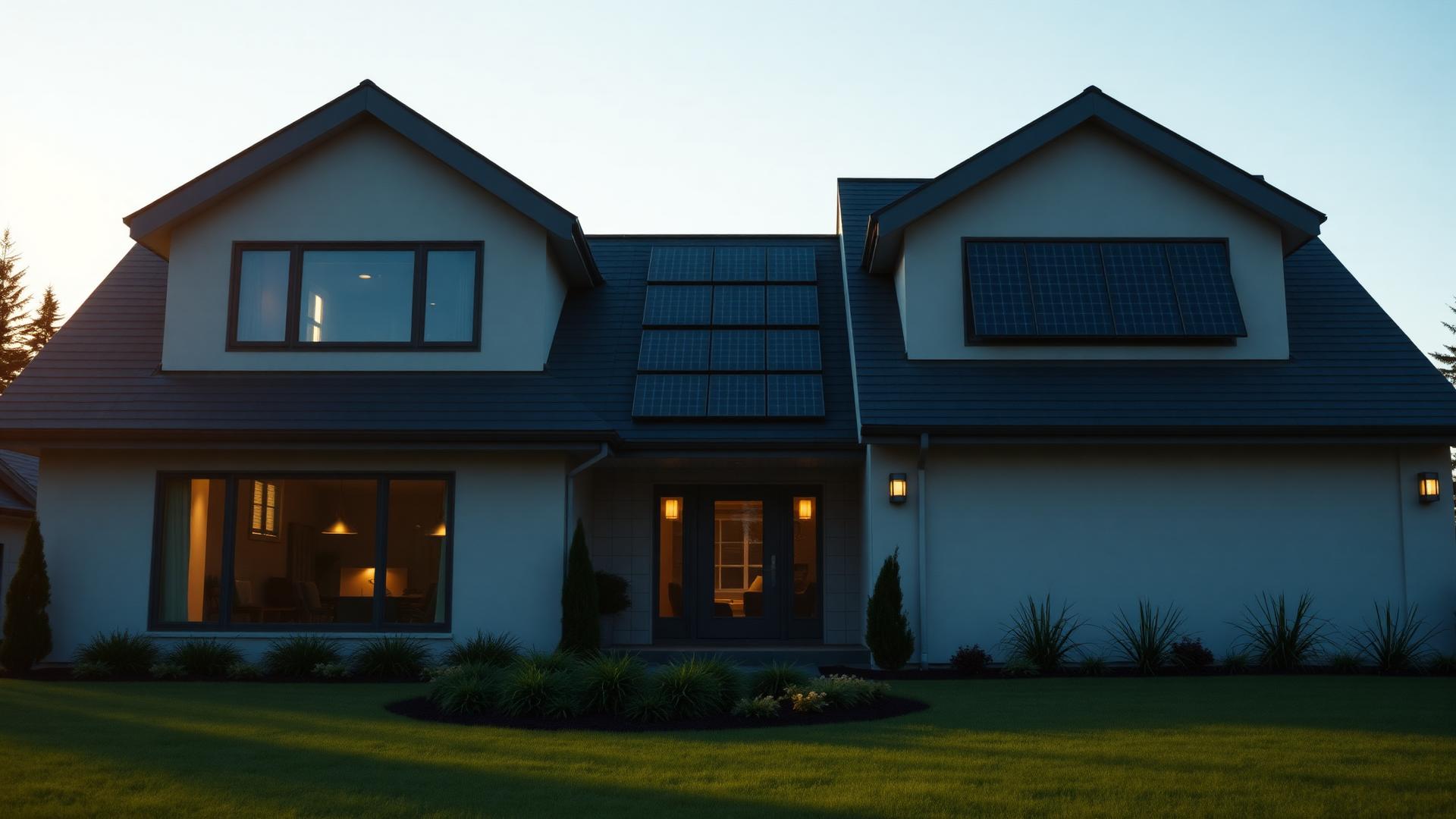 Modern Canadian home with rooftop solar panels at golden hour